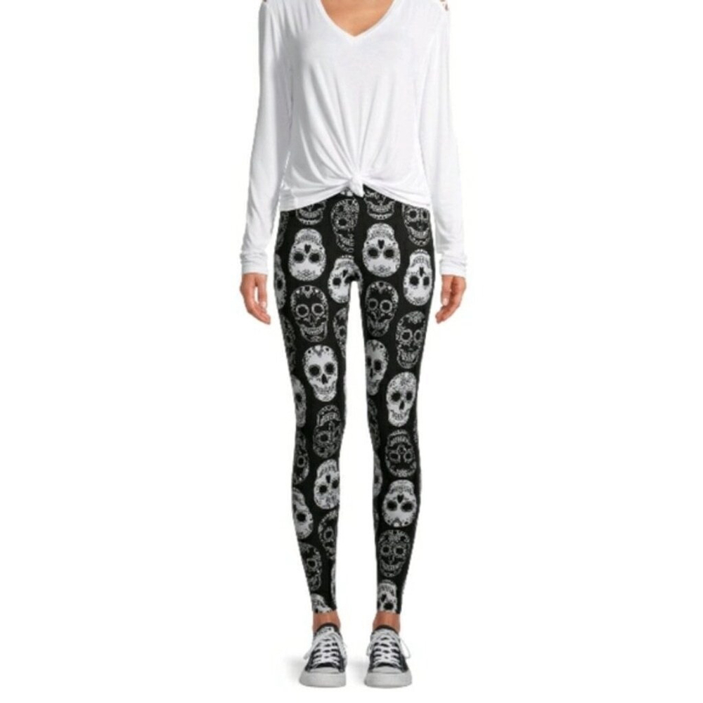 Junior's M Black & White Sugar Skull High Rise Leggings - Picture 7 of 7